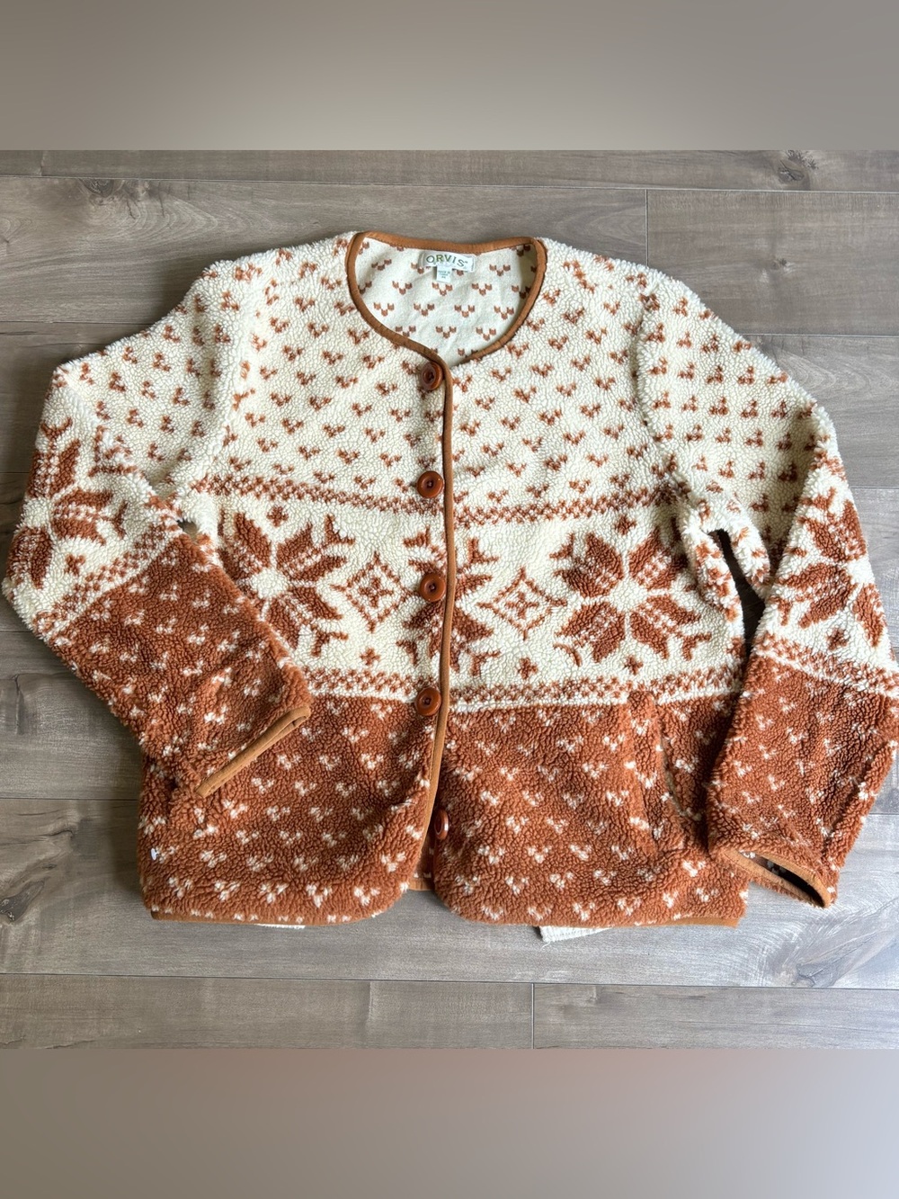 Orvis Womens M Sherpa Fleece Cardigan Jacket Brown White Fair Isle Snowflake
